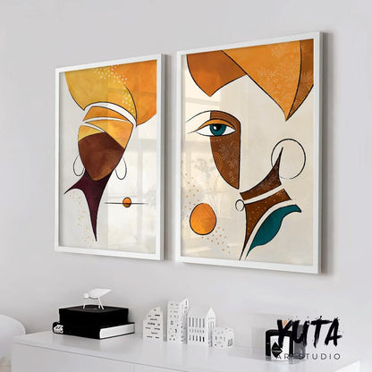 Set of 2 modern african american art print. Black woman portrait. African girl faces painting, abstract minimalist posters