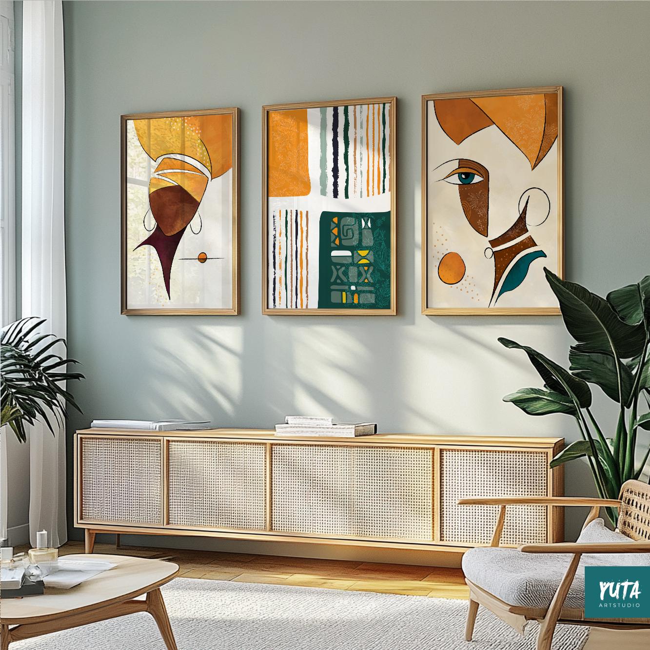 Set of 3 African abstract prints – contemporary Black woman wall art for ethnic interiors.