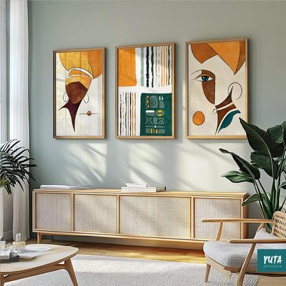 Set of 3 African abstract prints – contemporary Black woman wall art for ethnic interiors.