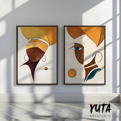 Set of 2 modern african american art print. Black woman portrait. African girl faces painting, abstract minimalist posters