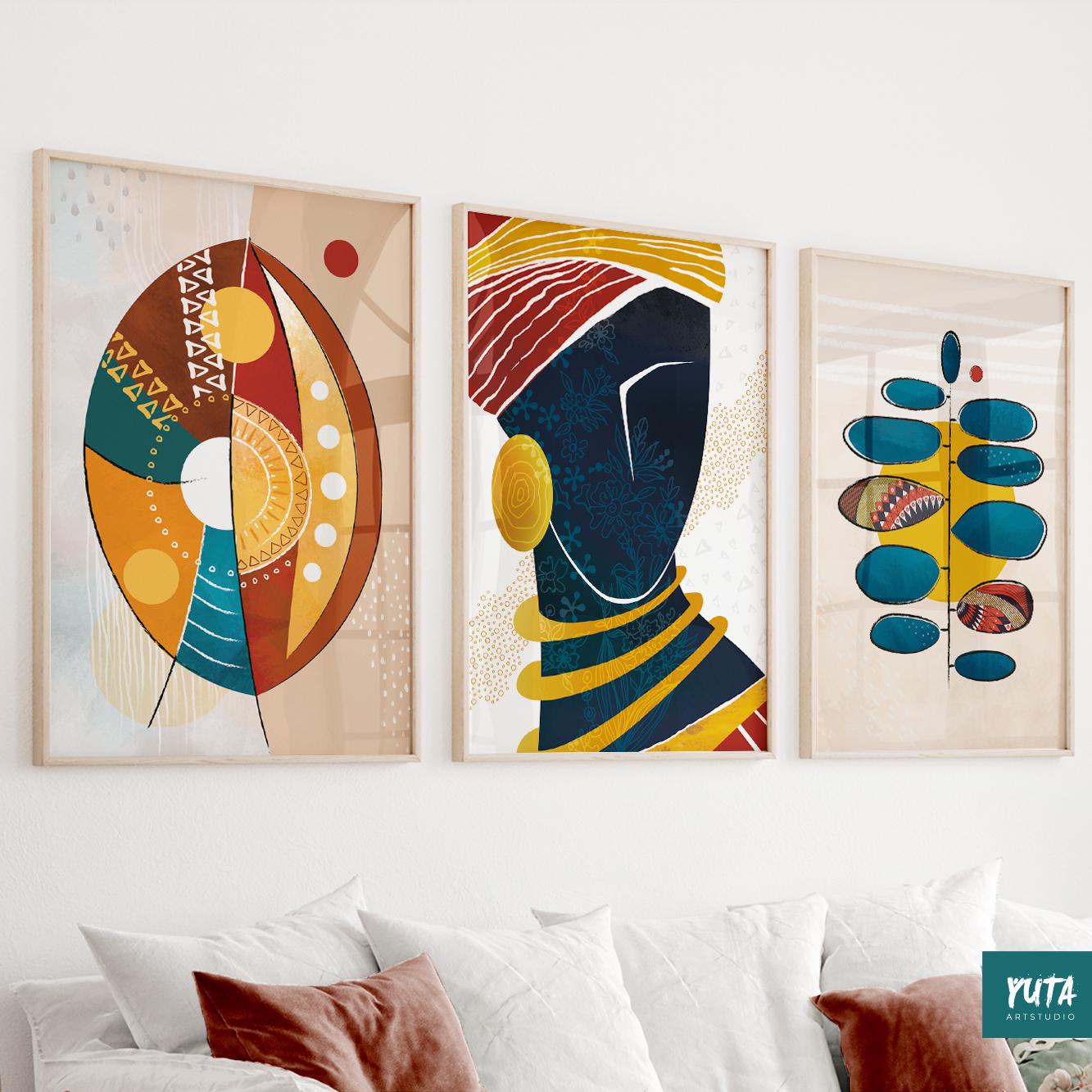 Female abstract wall art – set of 3 African American prints for Afro-modern living spaces.