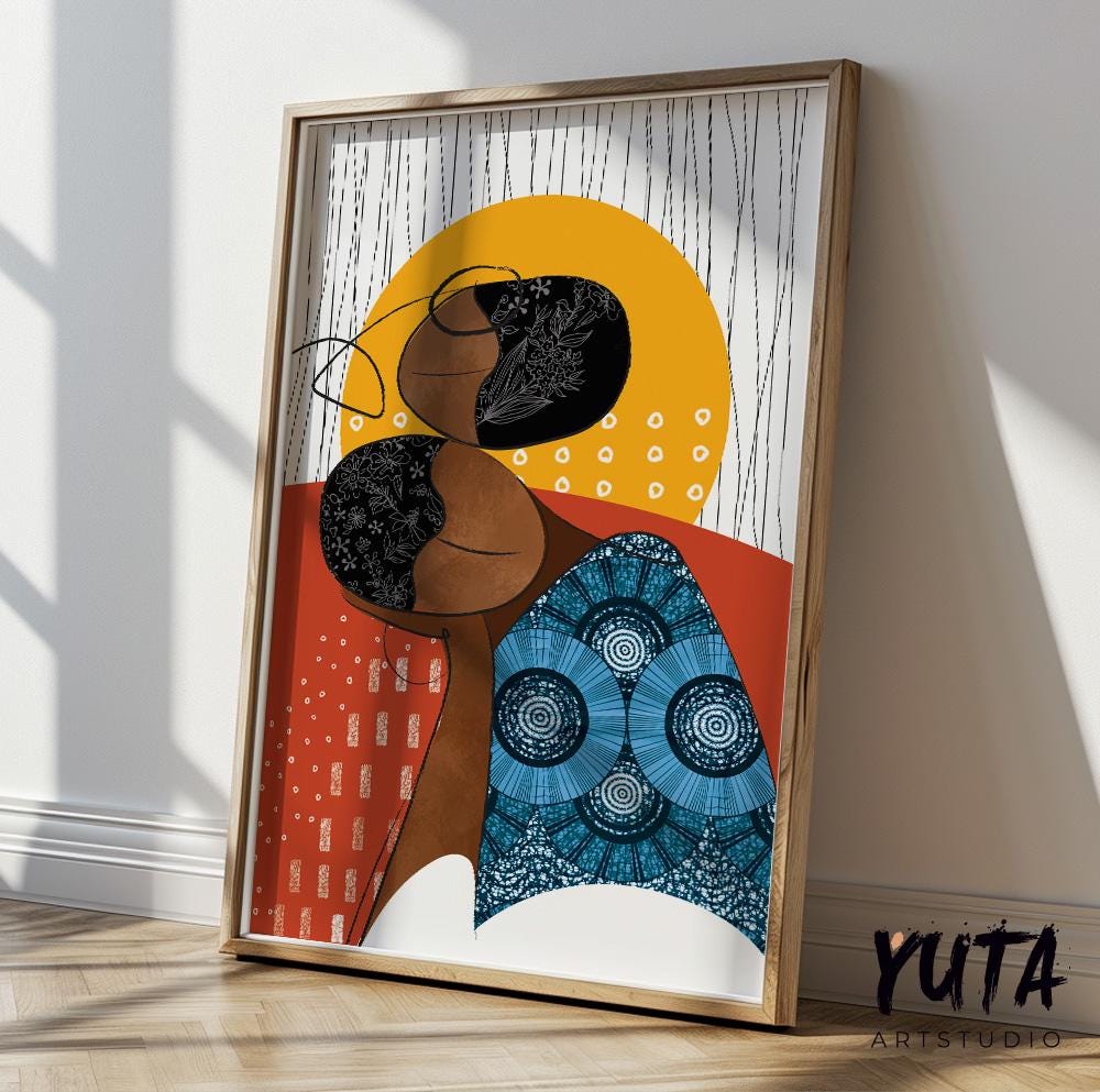 Abstract tribal black woman portrait. Bright modern african american art, girl faces minimalist print, above bed decor, aesthetic room decor