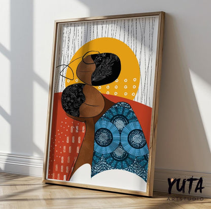 Abstract tribal black woman portrait. Bright modern african american art, girl faces minimalist print, above bed decor, aesthetic room decor