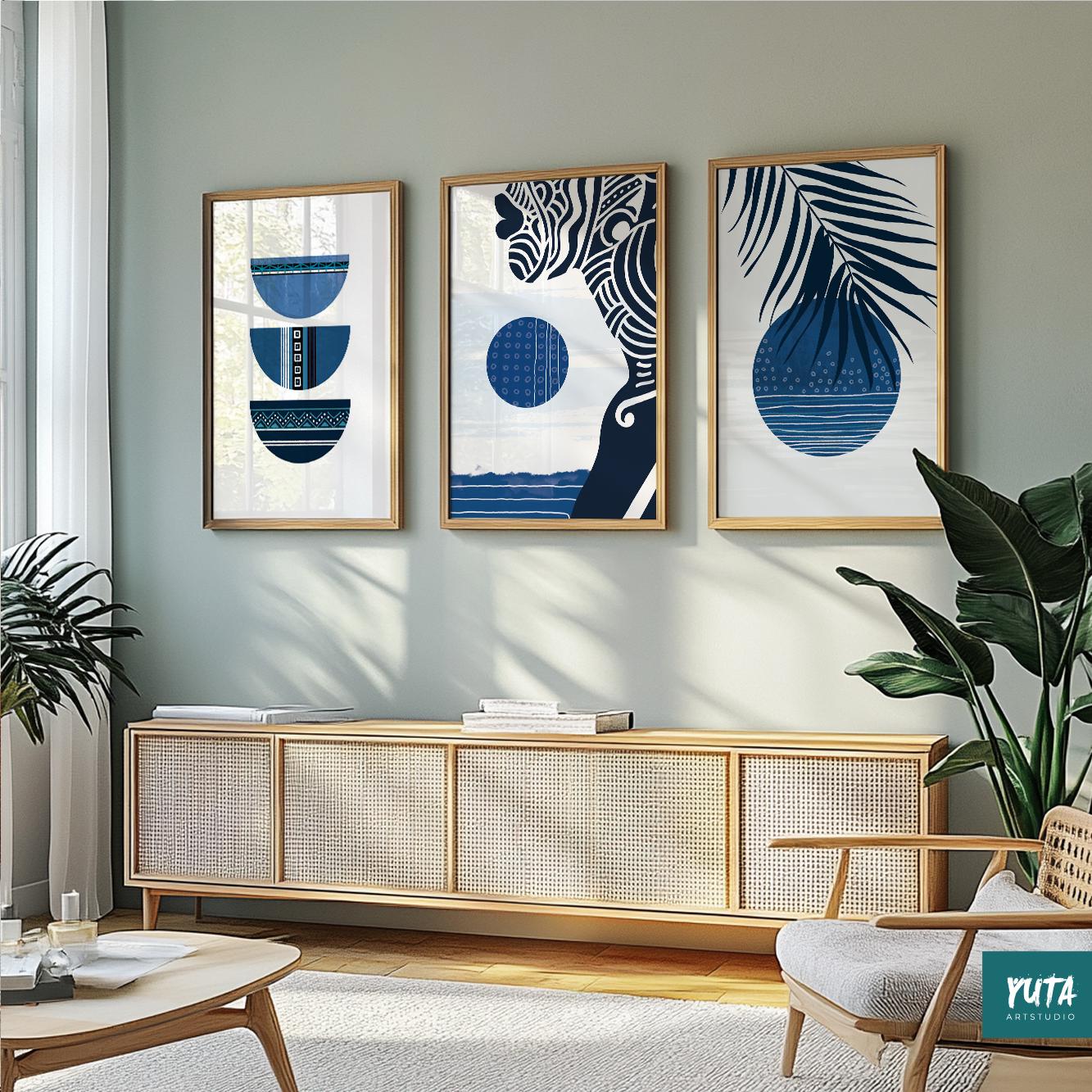 Abstract blue wall art featuring tropical foliage, geometric circles and minimalist botanical composition