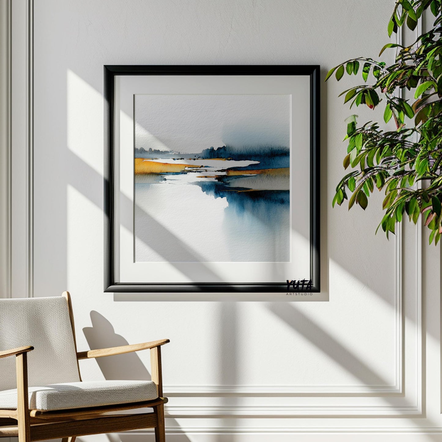 Contemporary abstract landscape artwork with coastal-inspired blue and mustard colors.