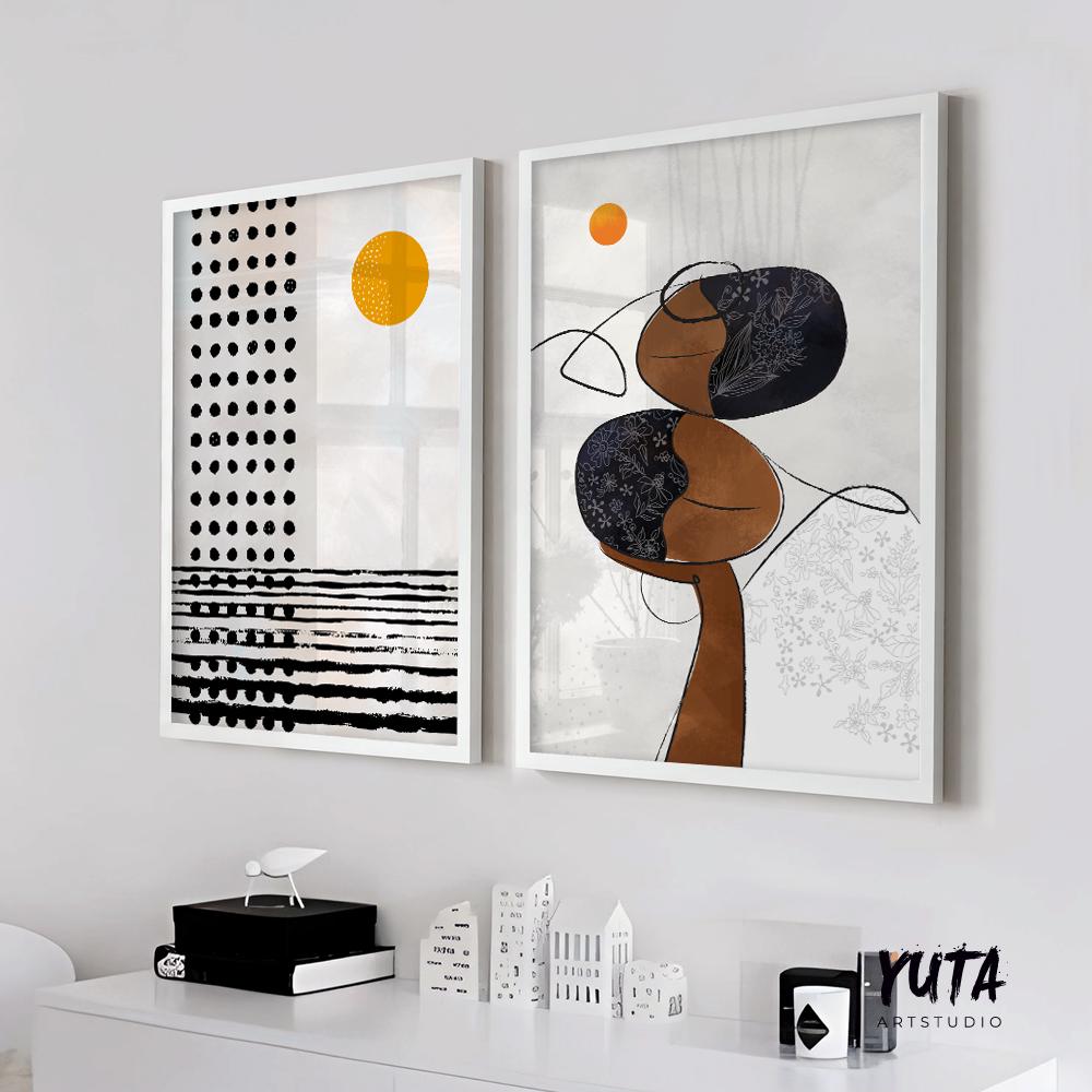 Abstract boho wall art set featuring organic shapes, minimalist line art figure and modern Scandinavian design