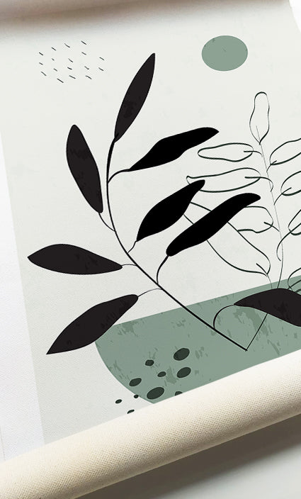 Modern botanical prints with arches, circles, and sage green organic compositions