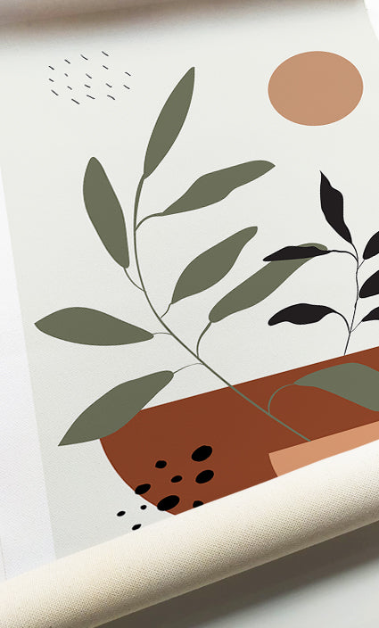 Modern botanical prints with arches, circles, and earthy abstract compositions in warm neutral tones