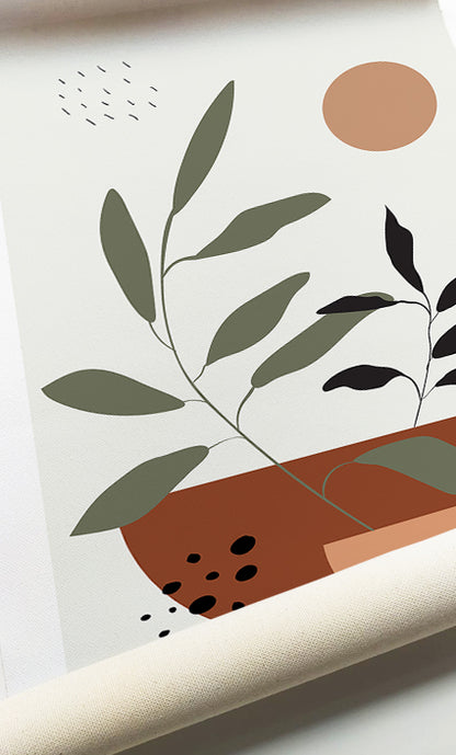 Modern botanical prints with arches, circles, and earthy abstract compositions in warm neutral tones