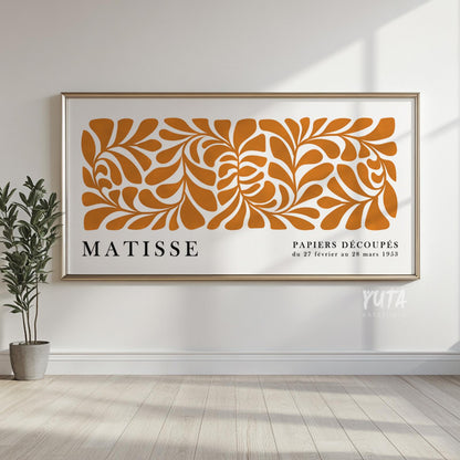 Abstract botanical wall art inspired by Matisse featuring stylized orange foliage and floral cutout patterns