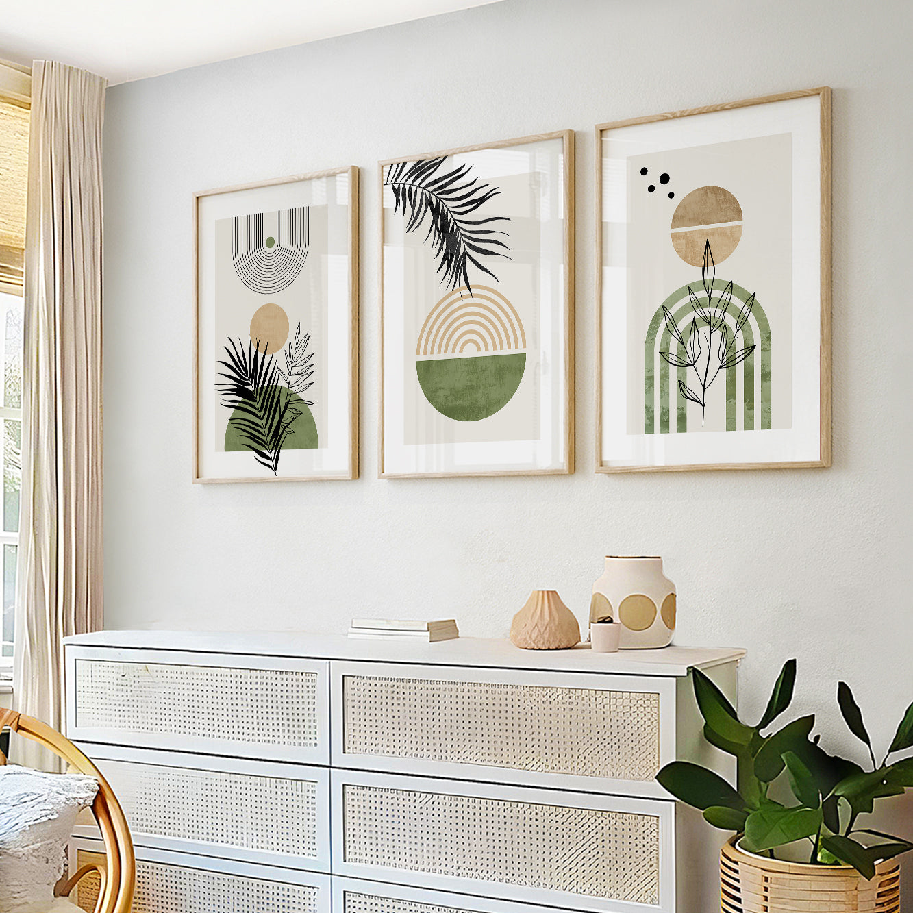 Modern botanical wall art with palm leaves, sage green arches, and minimalist abstract design