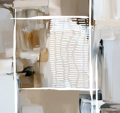 Modern abstract wall art with layered brushstrokes in taupe, cream, warm gray, and black