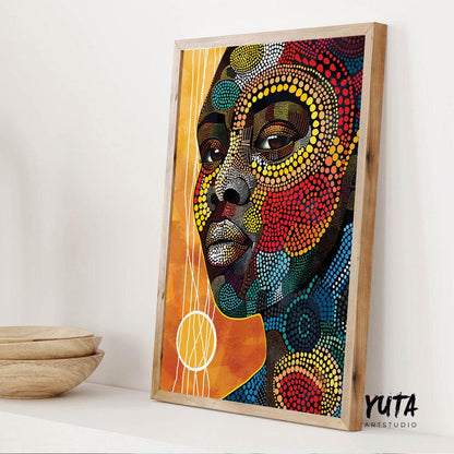 Modern abstract black woman portrait. Bright african american art, girly minimalist print, extra large above bed aesthetic room decor