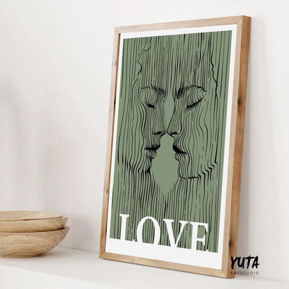 Abstract green line art couple portrait in a natural wood frame leaning on a white shelf