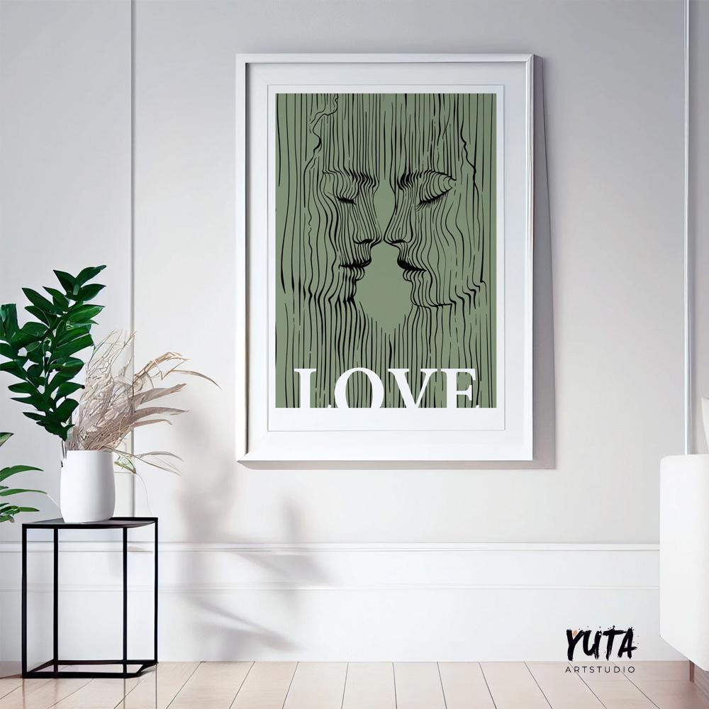 Abstract linear couple portrait in sage green with "LOVE" text, framed and hung on a light wall