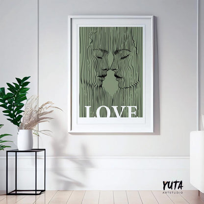 Abstract linear couple portrait in sage green with "LOVE" text, framed and hung on a light wall