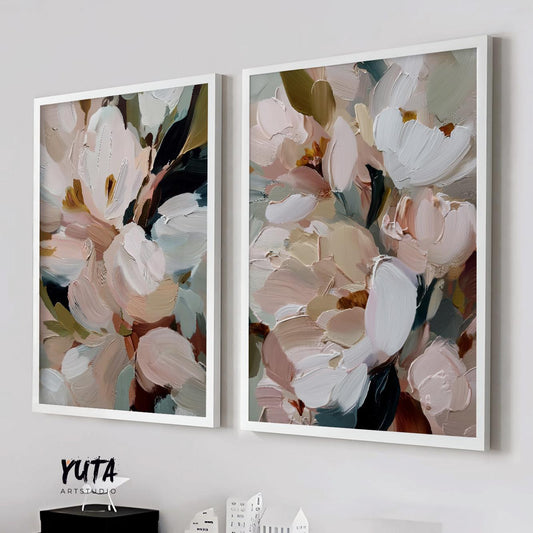 Abstract floral wall art diptych featuring expressive white blossoms, textured palette knife brushstrokes and soft neutral tones