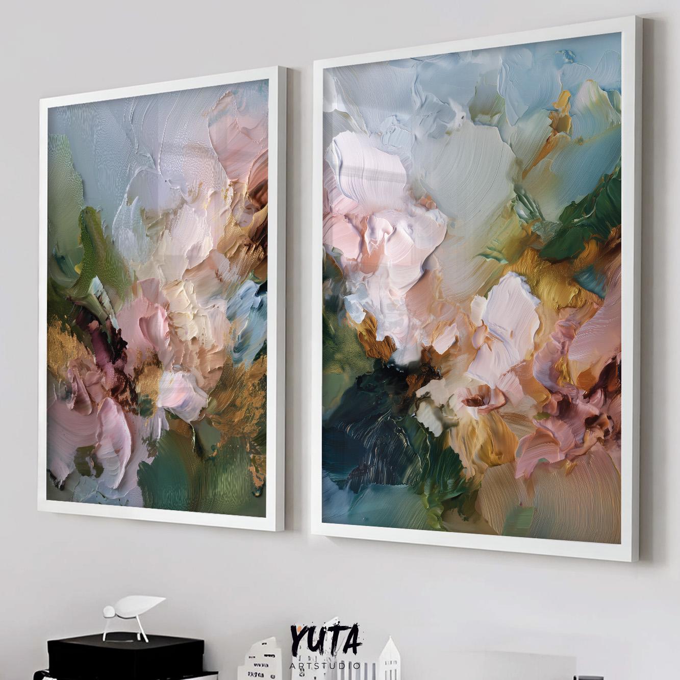 Abstract floral wall art set of 2 featuring expressive white flowers with textured brushstrokes in blush pink, sage green and blue tones