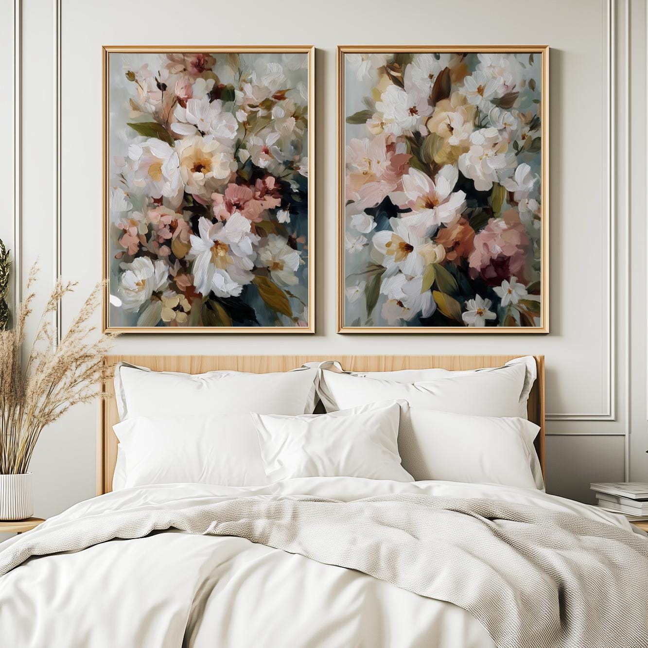 Abstract floral prints featuring layered white blossoms for modern and organic interiors