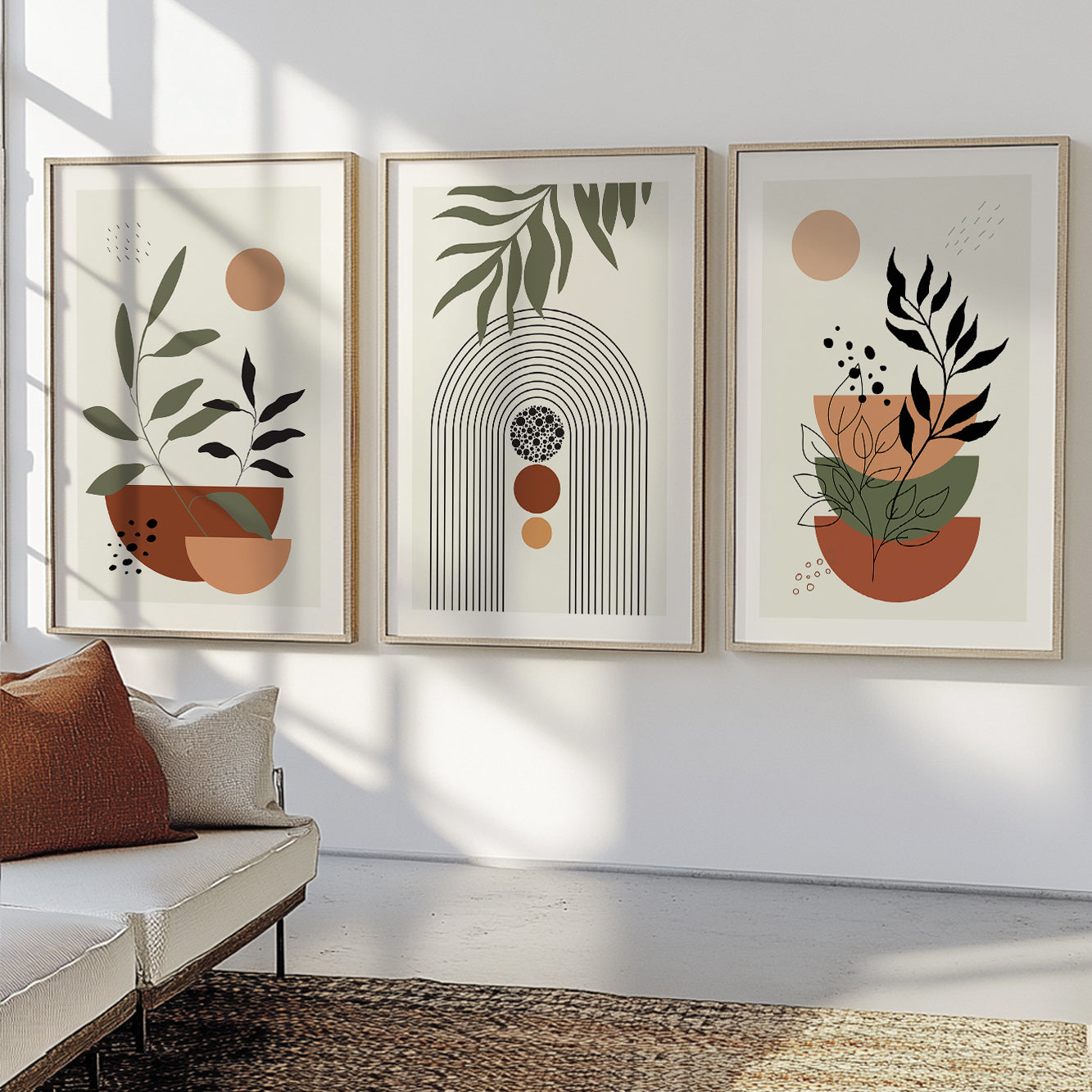 Organic botanical artwork featuring layered geometric compositions and natural earth tones