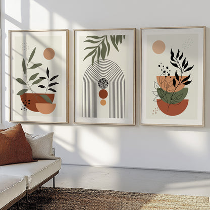 Organic botanical artwork featuring layered geometric compositions and natural earth tones
