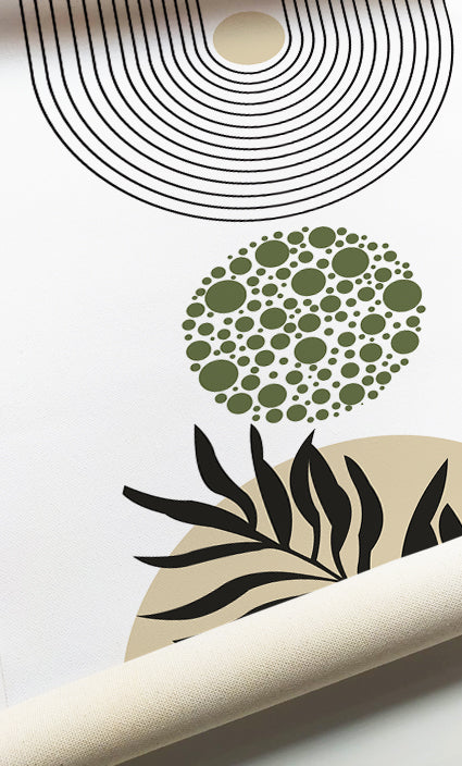 Modern botanical prints with arches, circles, and minimalist plant silhouettes in neutral tones