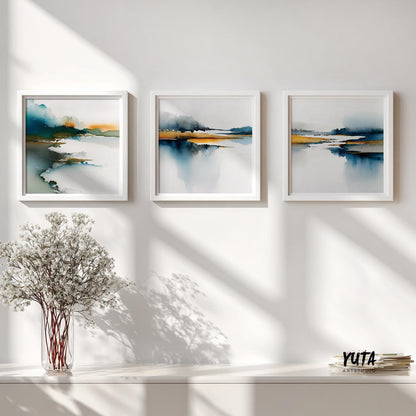 Abstract landscape painting with flowing watercolor textures in blue, teal, and warm yellow tones