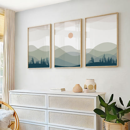 Modern landscape prints with rolling hills, forest silhouettes, and a subtle rising sun