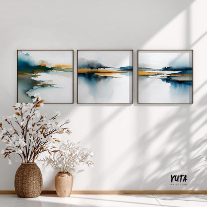 Minimalist abstract art inspired by distant horizons and reflective water