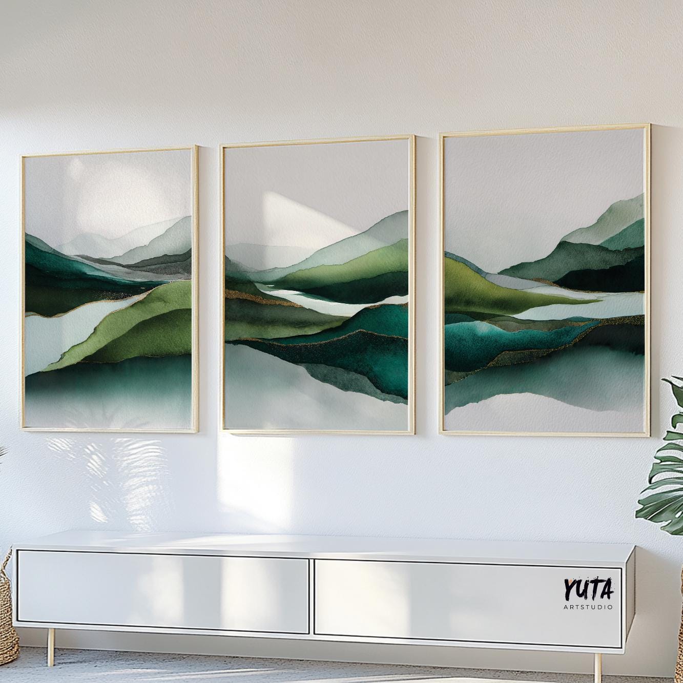 Abstract mountain landscape wall art with layered green ridges, fluid watercolor textures and organic modern styling
