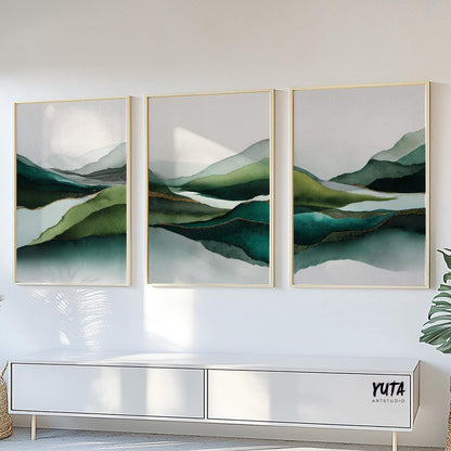 Abstract mountain landscape wall art with layered green ridges, fluid watercolor textures and organic modern styling
