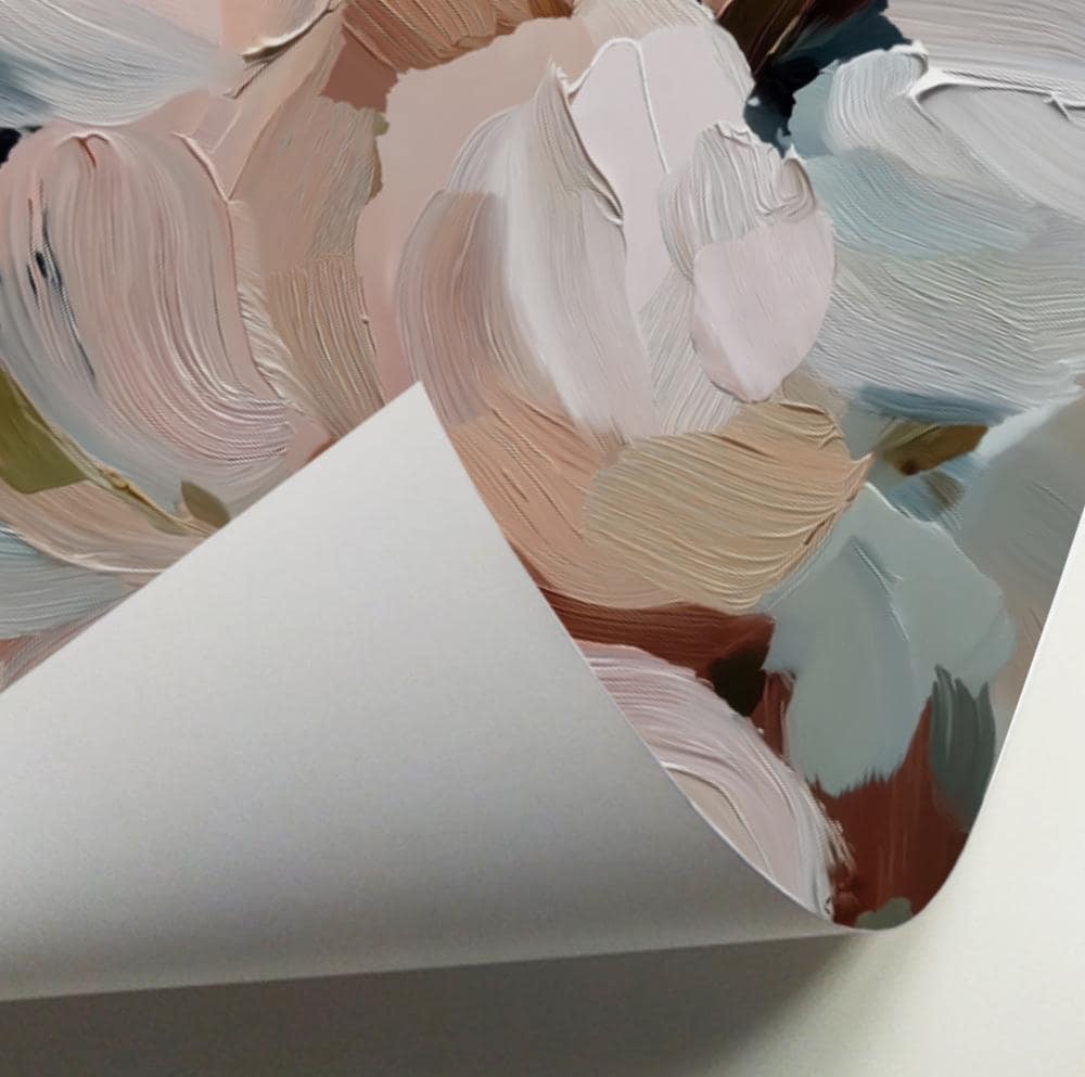 Close-up of abstract floral brushstrokes on unframed wall art print with curled edge