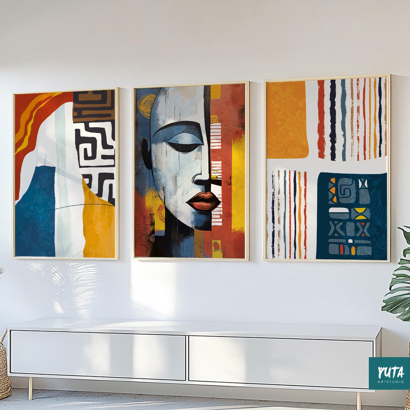 Female abstract wall art – set of 3 African American prints for Afro-modern living spaces.