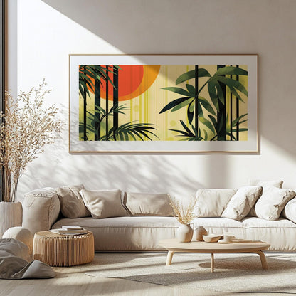Abstract tropical leaf artwork blending botanical forms and modern graphic composition in earthy tones