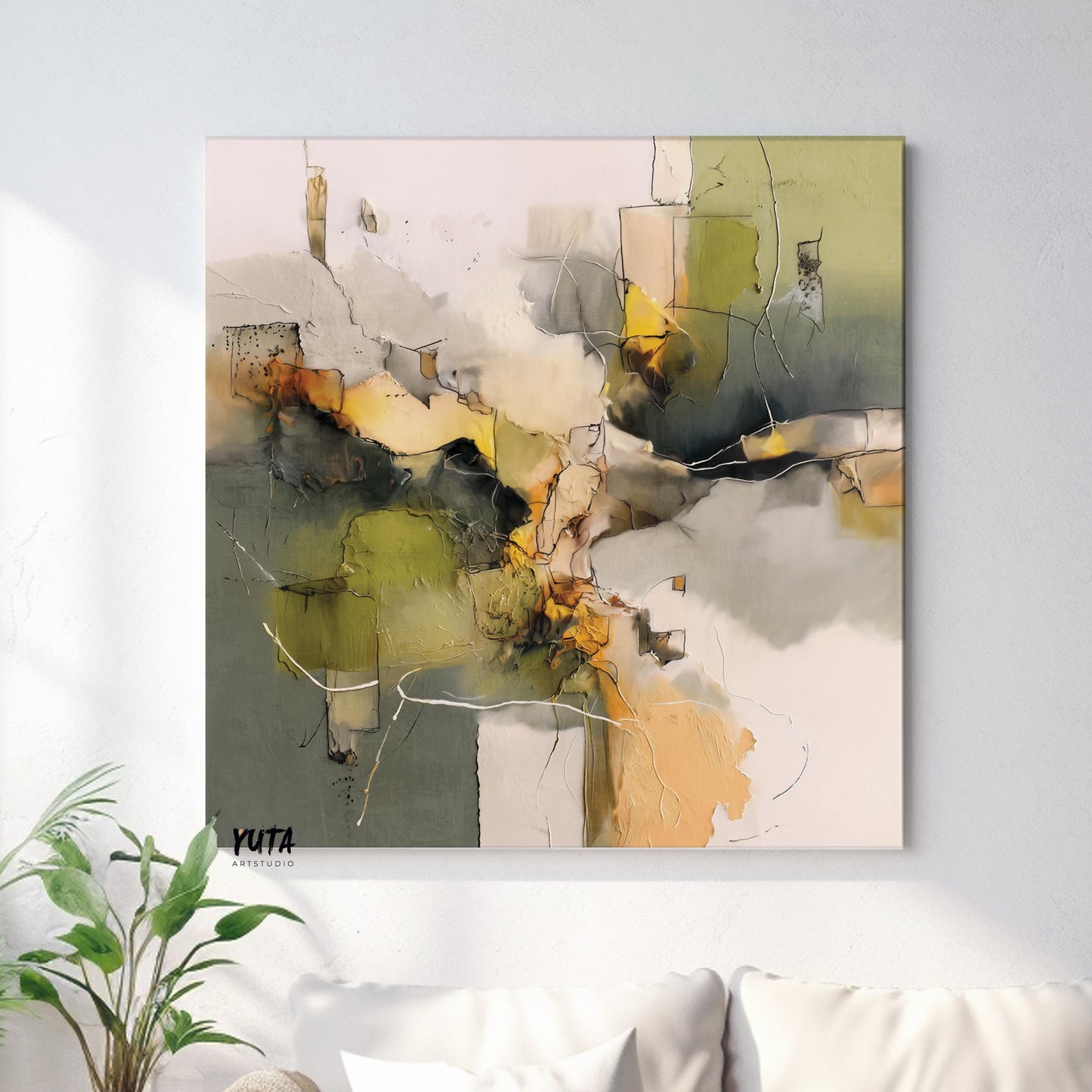 Abstract wall art showcasing sage green, beige and gold accents with expressive modern composition
