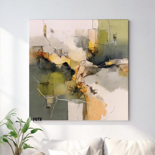 Abstract wall art showcasing sage green, beige and gold accents with expressive modern composition