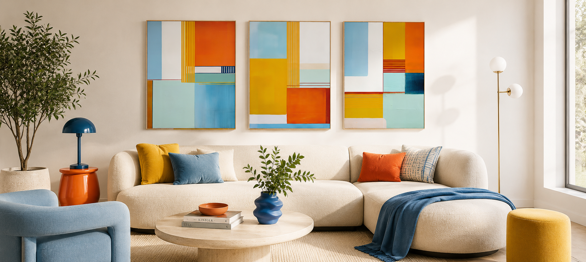 Abstract geometric wall art in bright modern living room with colorful contemporary decor and natural light