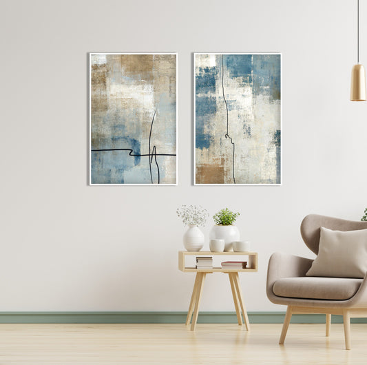 Abstract wall art set featuring blue and beige textured compositions with minimalist linework and contemporary design
