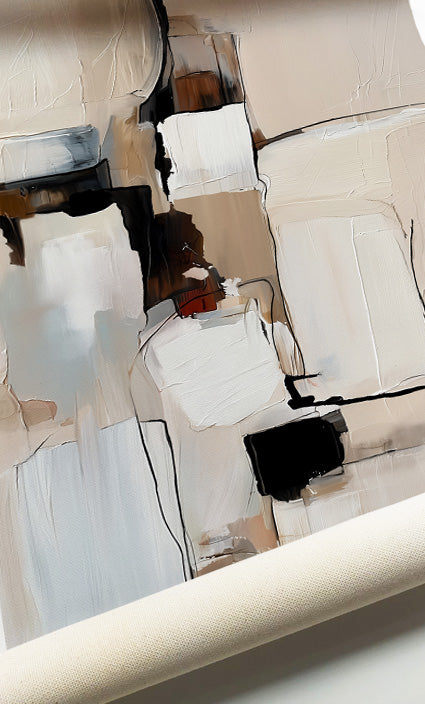 Contemporary gallery wall featuring minimalist geometric abstract artwork in soft neutral colors