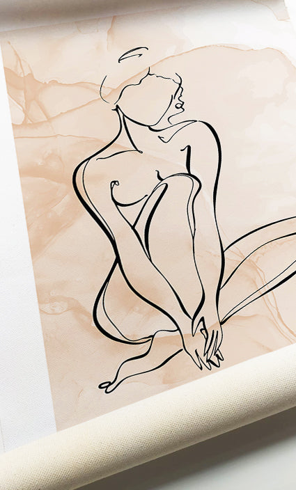 Modern abstract woman line art prints with elegant botanical details and watercolor backgrounds
