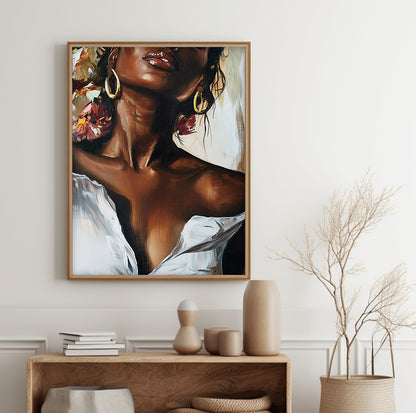 African American woman wall art featuring a stylish portrait with gold earrings and floral accents