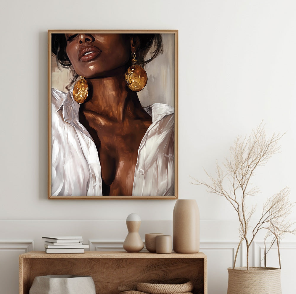 African American woman wall art featuring a stylish portrait with oversized gold earrings and white shirt
