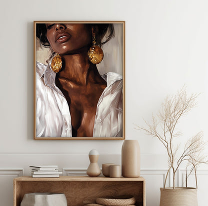 African American woman wall art featuring a stylish portrait with oversized gold earrings and white shirt