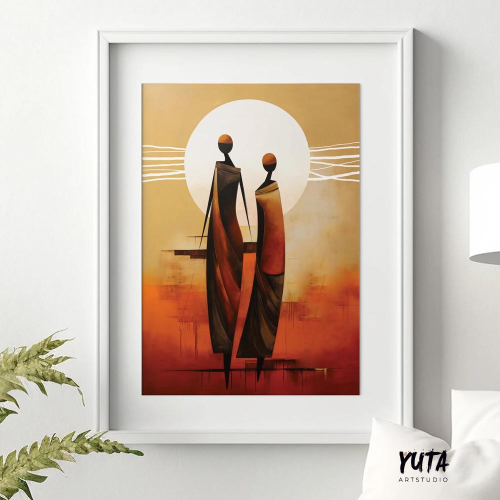 Modern minimalist neutral african wall art print. Contemporary abstract femile figures extra large poster, african ethnic home gift idea