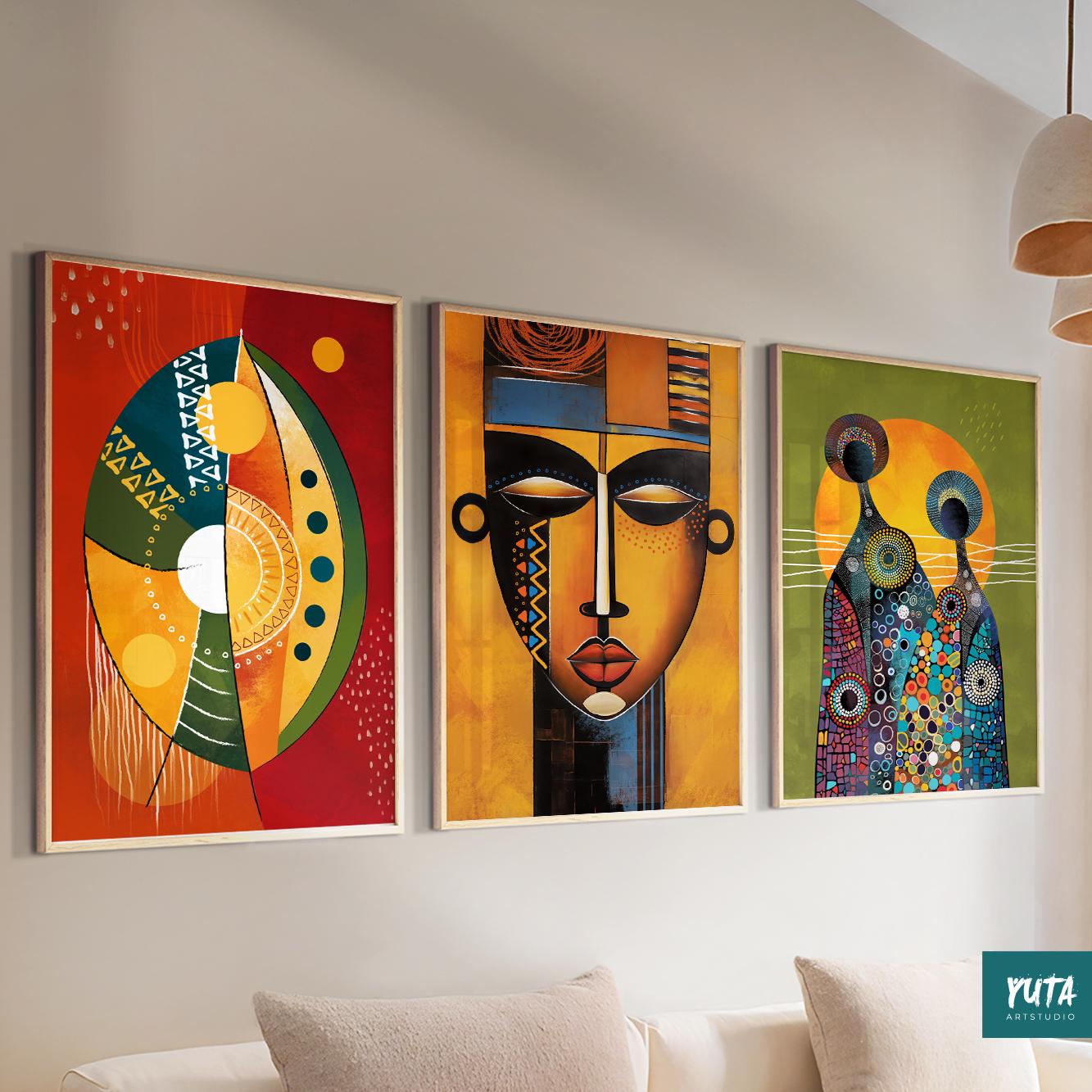 Colorful Afrocentric triptych – set of 3 abstract Black woman prints for bedroom or gallery wall.