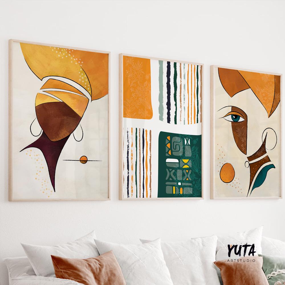 Abstract african art gallery wall set of 3 prints. Colorful ethnic women extra large posters. Modern aesthetic room decor, home gift idea