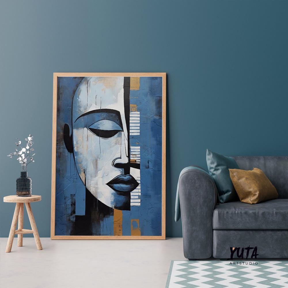 Modern navy blue grey abstract painting print. Contemporary african american art. Abstract woman portrait, minimalist living room decor
