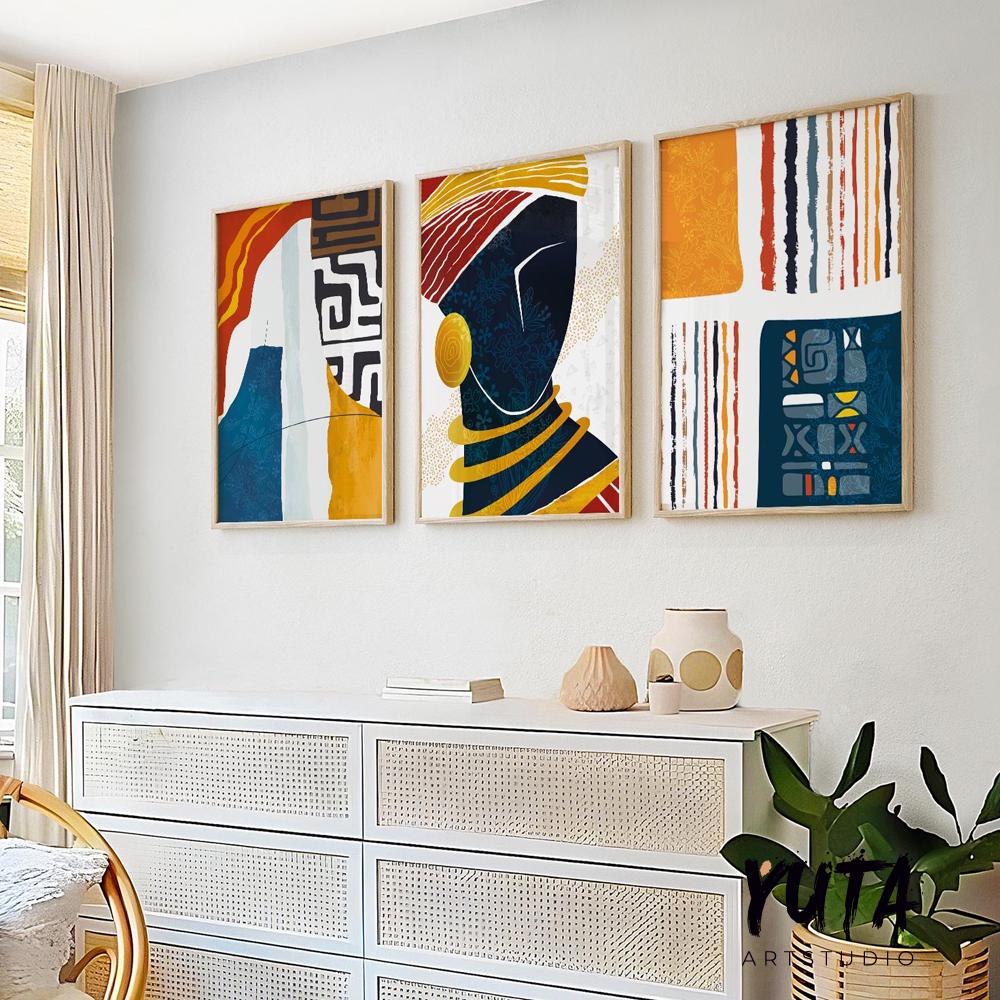 Colorful abstract African wall art set of 3, modern black girl prints, Afrocentric woman gallery wall posters.