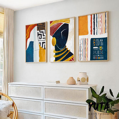Colorful abstract African wall art set of 3, modern black girl prints, Afrocentric woman gallery wall posters.