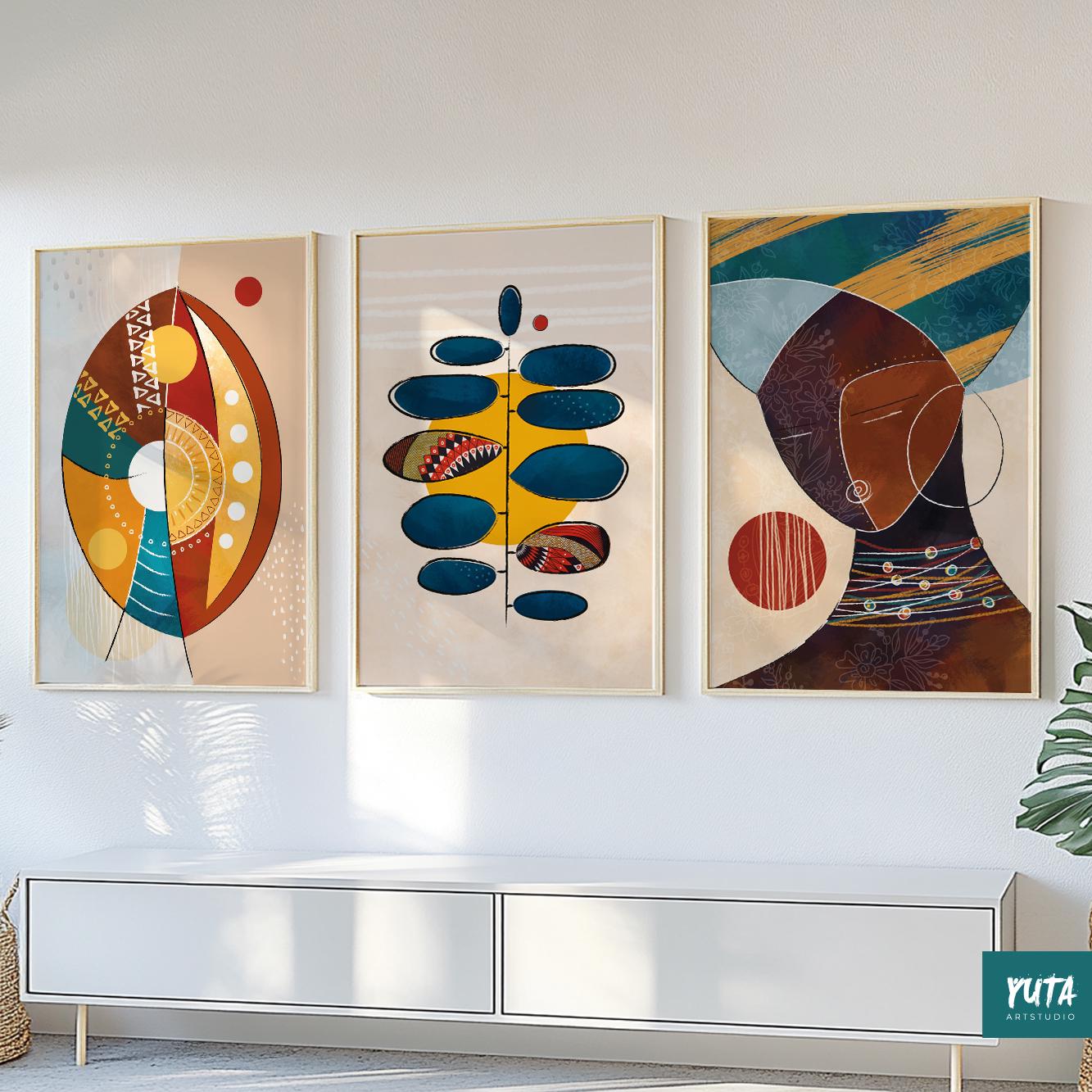 3-piece African American wall art – abstract modern female figures for Afro-boho or minimalist decor.